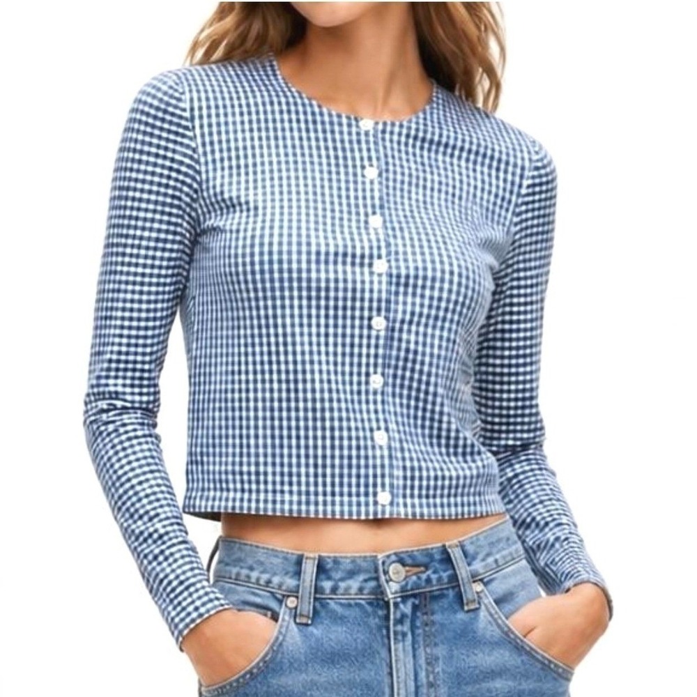 NWT J.Crew Gingham Jackie Cotton Cardigan Sweater, Blue & White Cotton Stretch